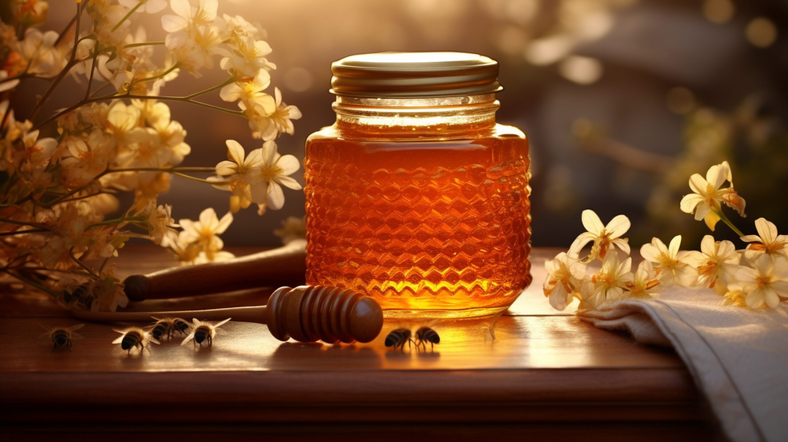 pot-de-miel-sur-une-table-avec-abeilles